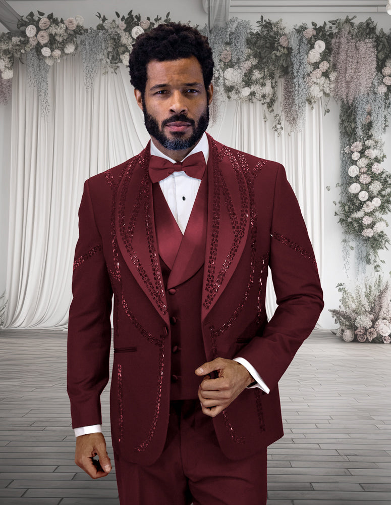 3PC ITALIAN WOOL TUXEDO WITH STONES.