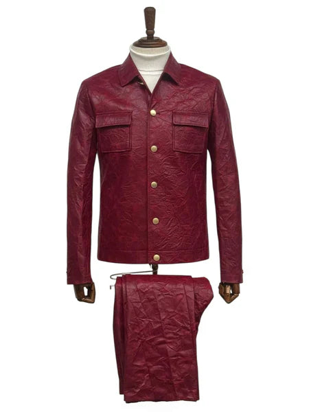 GIOVANNI TESTI Slim Faux Leather Casual Suit. Flair pants. Patch pockets with Flaps.