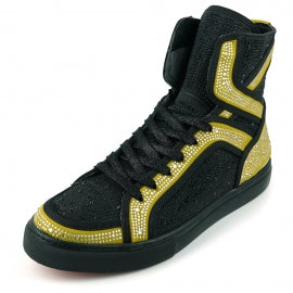 FI-2402 Black Gold Rhinestones High Top Sneakers by Fiesso